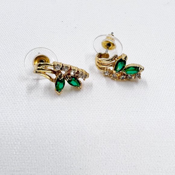 Green & Clear Rhinestone Gold Tone Post Earrings - Picture 7 of 7